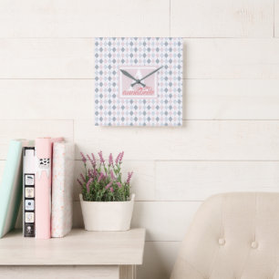 Relógio Quadrado Cor-de-rosa, azul e branco personalizados