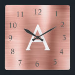 Relógio Quadrado Cor-de-rosa-pincelado - Nome do Monograma Metálico<br><div class="desc">Cor-de-rosa-azul - Rosa Dourado Faux Stainless Steel Foil Monograma Name e Clock Personalizado Único de Parede inicial para Casa ou Escritório. O Relógio de Parede faz o Natal perfeito ou doce 16,  18,  21rua,  40º,  50º ou 60º presente de aniversário para alguém que ama decoração metálica rosa.</div>