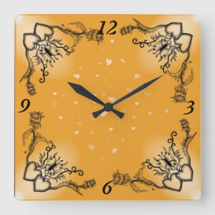 Relógio Quadrado Coração com Flor e Borboleta