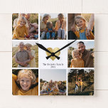 Relógio Quadrado Coração Dourada de Colagem de Fotos da Família Mod<br><div class="desc">Faça o seu estilo de vida familiar com este relógio de 8 fotos de coração impresso de ouro com seu nome de família e ano personalizados. presente de excelente para avós!</div>