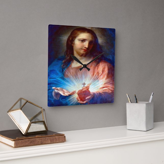 Relógio Quadrado Coração Sagrado de Jesus (Escritório)