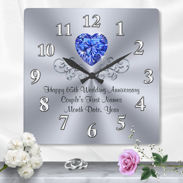 Relógio Quadrado Coração Sapphire 65º Aniversário de Casamento Idei (65th wedding anniversary gift ideas for parents. 65th wedding anniversary gifts for grandparents.)