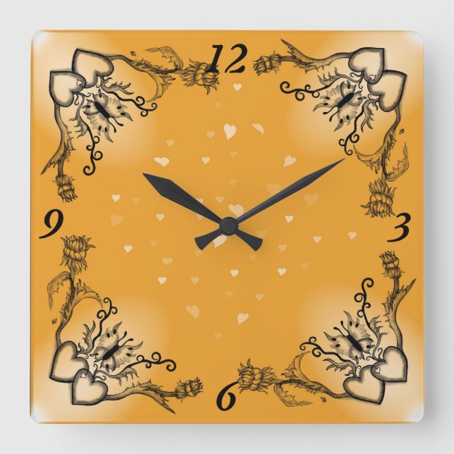 Relógio Quadrado Corações com Flores e Borboleta no Estilo de Tatua (Frente)
