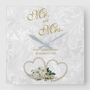 Relógio Quadrado Corações de Pérola e Flores Casamento Damask