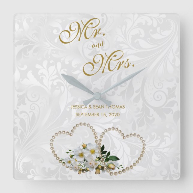 Relógio Quadrado Corações de Pérola e Flores Casamento Damask (Frente)