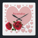 Relógio Quadrado Corações e Rosas vermelhas Rosa Românticos Persona<br><div class="desc">Adicione um pouco de romance com um relógio de parede personalizado. Personalize com qualquer nome,  mensagem,  citação ou o que você quiser. A ideia de excelente como um presente romântico,  presente de casamento,  noivado,  aniversário,  presente de anfitriã ou uso pessoal.</div>