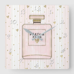 Relógio Quadrado Corações Rosa & Dourado Paris Parfum Chic Moda