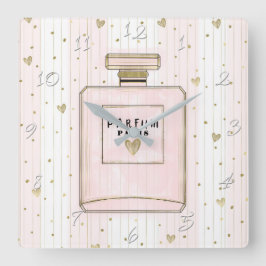 Relógio Quadrado Corações Rosa e Dourado Paris Perfume Chic Moda