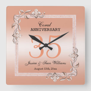 Relógio Quadrado  Coral Gem & Glitter 35º Aniversário de Casament