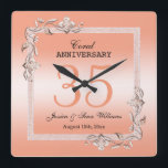 Relógio Quadrado Coral Gem & Glitter 35º Aniversário de Casamento<br><div class="desc">Glamorosa e elegante relógio de parede Coral 35º Aniversário de Casamento com joias de pedra de pedra de na moda coral decorações de canto e uma estrutura de borda brilhante colorida correspondente impressa num fundo de cor de coral bonito. Uma design romântica para sua celebração. Todo texto, fonte e cor...</div>