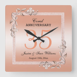 Relógio Quadrado Coral Gem & Glitter 35º Aniversário de Casamento