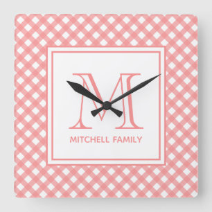 Relógio Quadrado Coral Pink Country Estilo Gingham Padrão Monograma