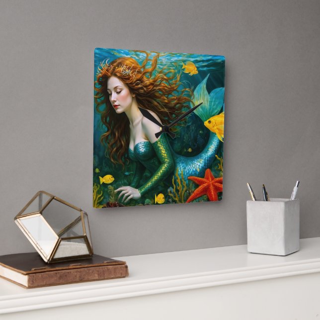 Relógio Quadrado "Coralyn" - Linda Sereia Mística (Escritório)