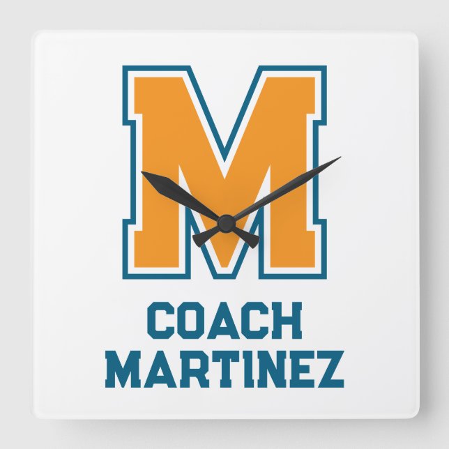Relógio Quadrado Cores do Time Monograma Nome (Frente)