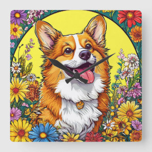 Relógio Quadrado Corgi Charmoso Rodeado por Flores Coloridas