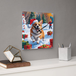 Relógio Quadrado Corgi Correndo na Neve com Chapéu de Natal
