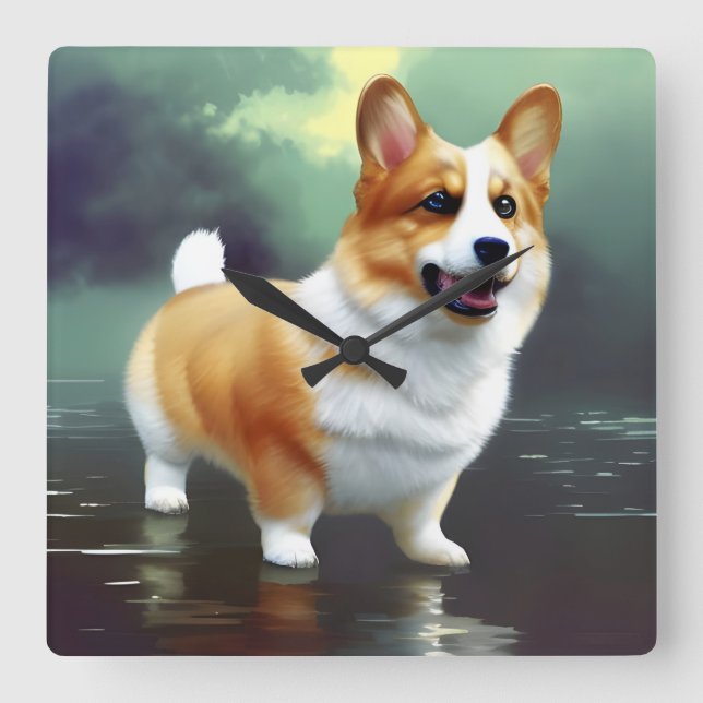 Relógio Quadrado Corgi na água (Frente)
