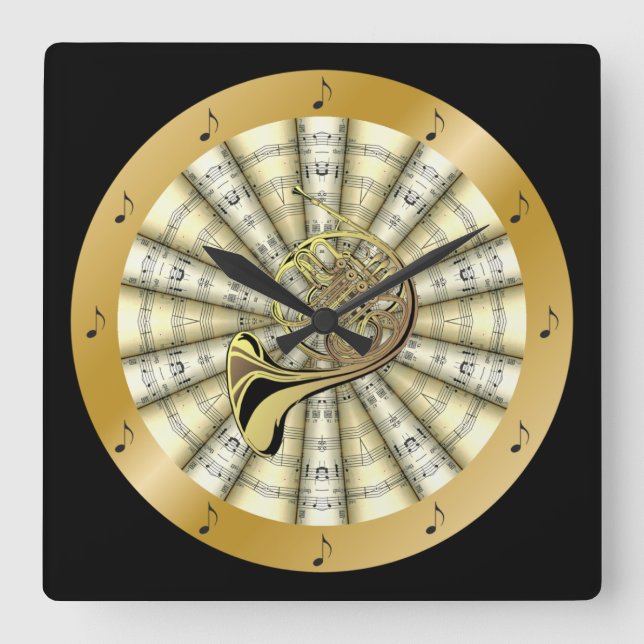 Relógio Quadrado Corno Francês~Música em Folha Rolada~Preto ou Qual (Frente)