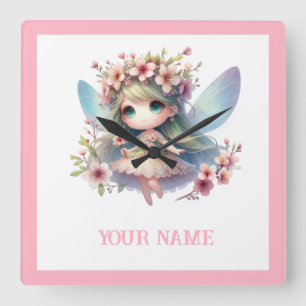 Relógio Quadrado Coroa de Fadas Rosa e Floral Personalizada Fofa