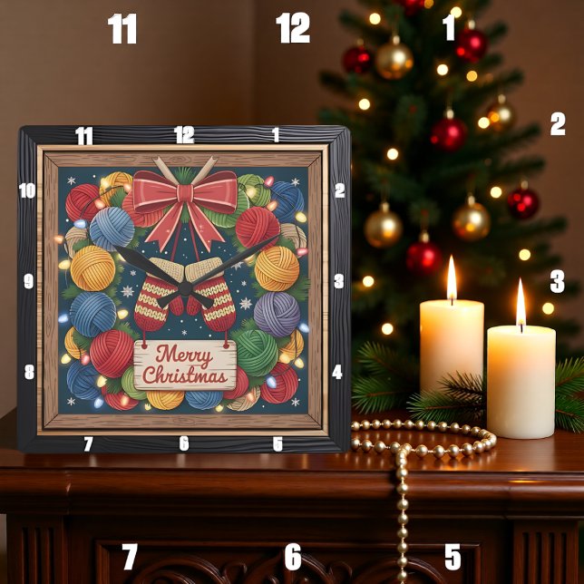 Relógio Quadrado Coroa de Fios de Tricô Feliz Natal (Criador carregado)
