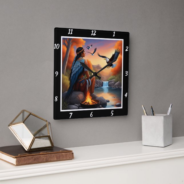 Relógio Quadrado Correntes nativas: Gleam do rio Dive da Águia (Escritório)