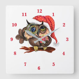 Relógio Quadrado Coruja-Bebê Bonita Com Chapéu e Presente de Natal