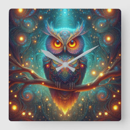 Relógio Quadrado Coruja Psicodélica em Floresta Cósmica