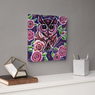 Relógio Quadrado Coruja Whimsical na ramificação Flor Azul Rosa