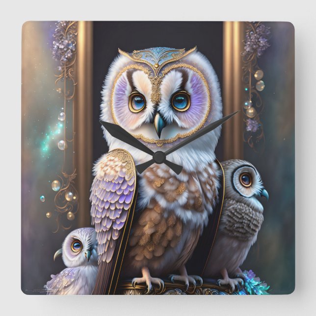 Relógio Quadrado Corujas de regal na lavanda pastel (Frente)