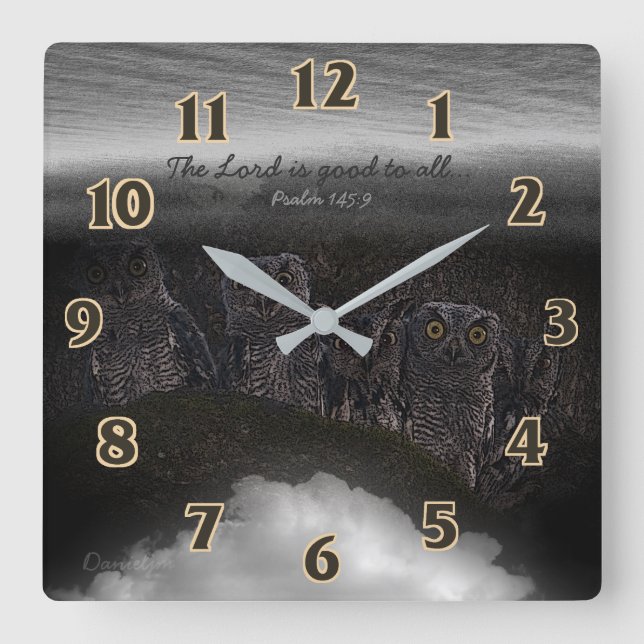 Relógio Quadrado Corujas do salmo da escritura (Frente)