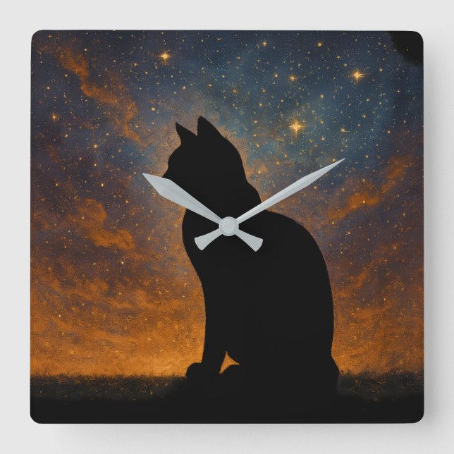 Relógio Quadrado Cosmic Cat Silhouette (Frente)