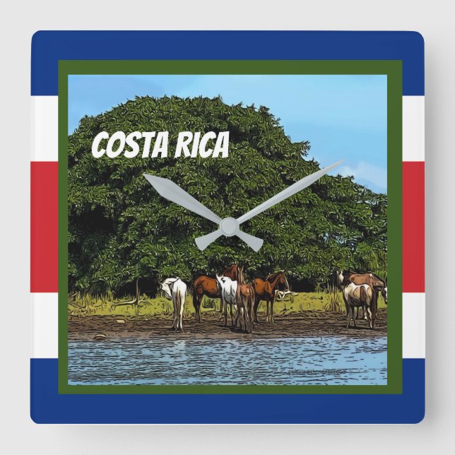 Relógio Quadrado Costa Rica - Cavalos pela Água (Frente)