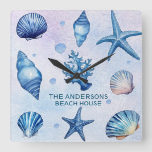Relógio Quadrado Costeira moderna conchas costeiras tesouros costei