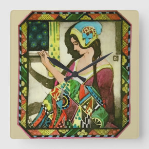 Relógio Quadrado Costureira Art Nouveau – Mulher de Costura Vintage