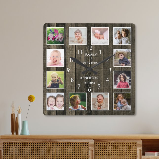 Relógio Quadrado Cota Personalizada da Família de Colagem de Fotos  (Custom 12 Photo Collage Family Quote Pallet Wood Square Wall Clock)