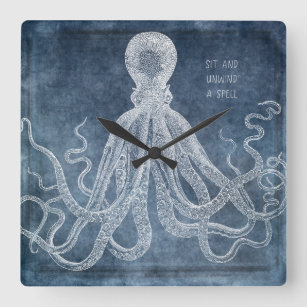 Relógio Quadrado Cotação Vintage Octopus Twilight Blue Watercolor