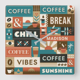 Relógio Quadrado Cotações de Café Coloridas de Nome Personalizado