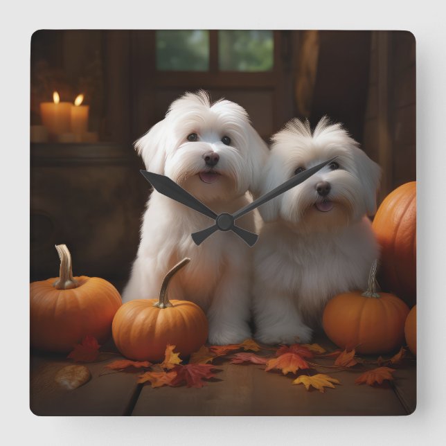 Relógio Quadrado Coton De Tulear Puppy Autumn Delight Pumpkin (Frente)
