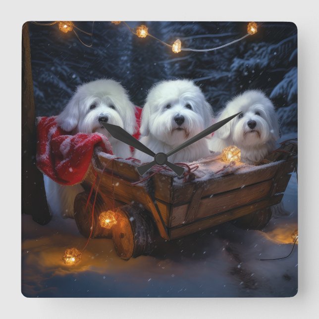 Relógio Quadrado Coton De Tulear Snowy Sleigh Decência De Natal (Frente)