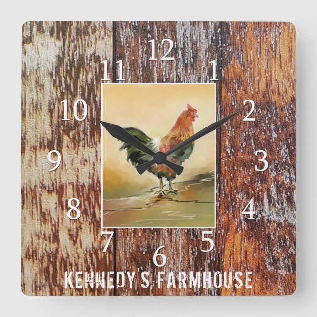 Relógio Quadrado Country Kitchen Rooster Russo Wood Farmhouse Name (Frente)