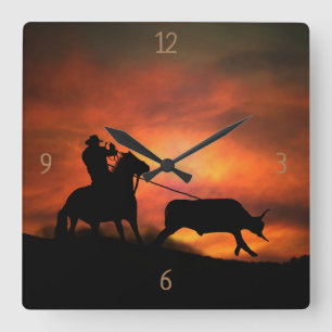 Relógio Quadrado Country Western Steer Roping Long Horn Cowboy