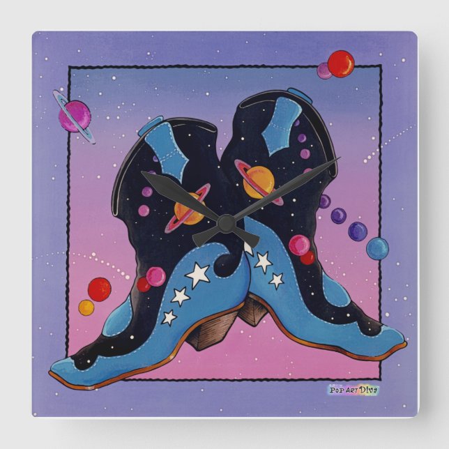 Relógio Quadrado Cowboy da meia-noite Western Boots WALL CLOCK (Frente)