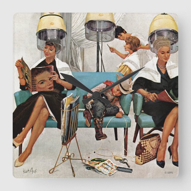 Relógio Quadrado Cowboy dormindo no salão de beleza (Frente)