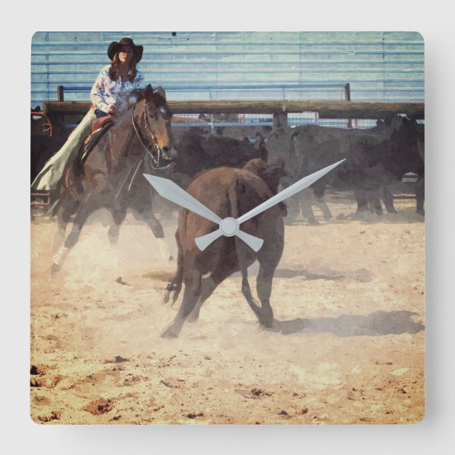 Relógio Quadrado Cowgirl Corral Separando Gado Western  (Frente)