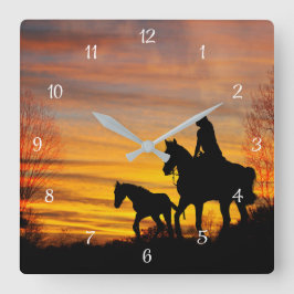 Relógio Quadrado Cowgirl Sunset Trailride Wall Clock