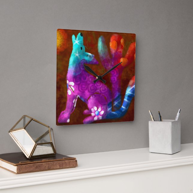 Relógio Quadrado Coyote Abstrato Art Saguaro Cactus Desert Brown (Escritório)