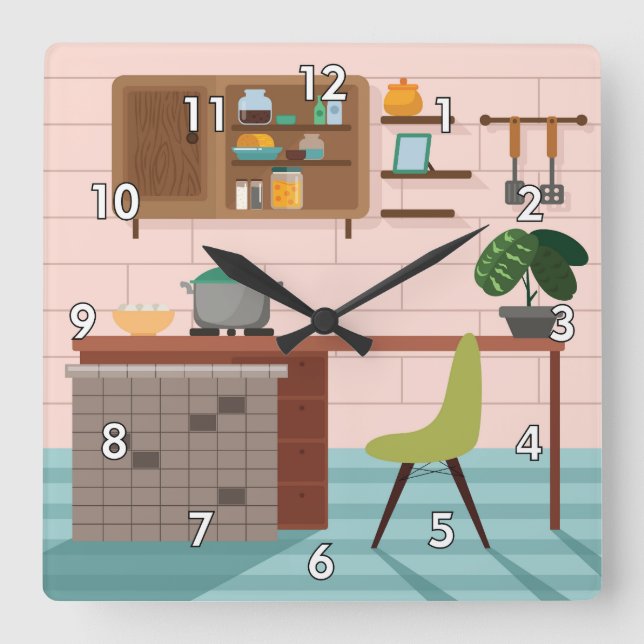 Relógio Quadrado Cozinha retrô cômoda e colorida (Frente)