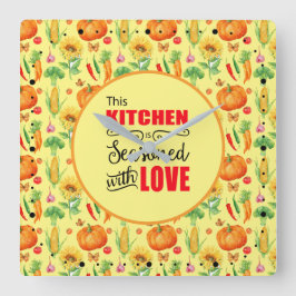 Relógio Quadrado Cozinha Temperada Com Amor Padrão de Legumes