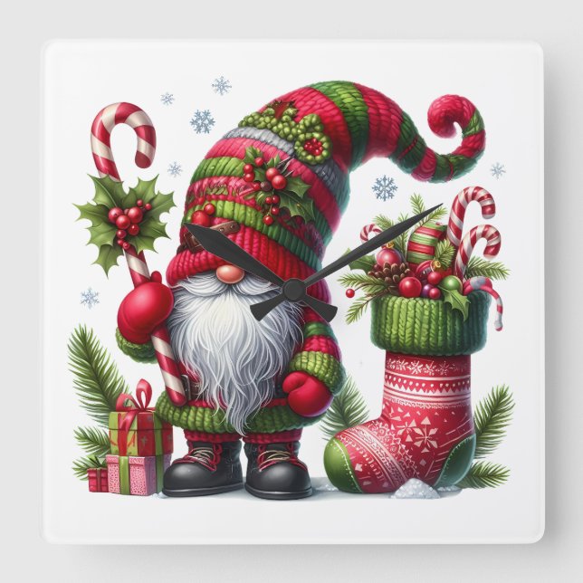 Relógio Quadrado Cozy Christmas Gnome Art – Festive Holiday (Frente)