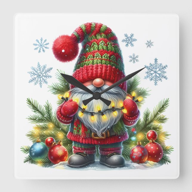 Relógio Quadrado Cozy Christmas Gnome Art – Festive Holiday (Frente)